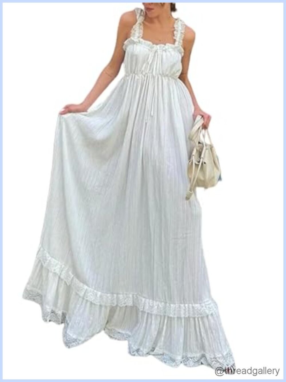 NUFIWI Women Tiered Cami Long Dress Lace Trim Ruffle Flowy Maxi